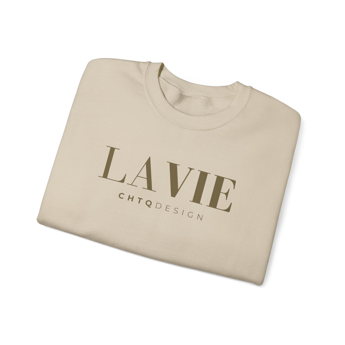 A folded beige crewneck sweatshirt with 'LA VIE' and 'CHTQDESIGN' printed in dark brown on the front, displayed on a clean white background.