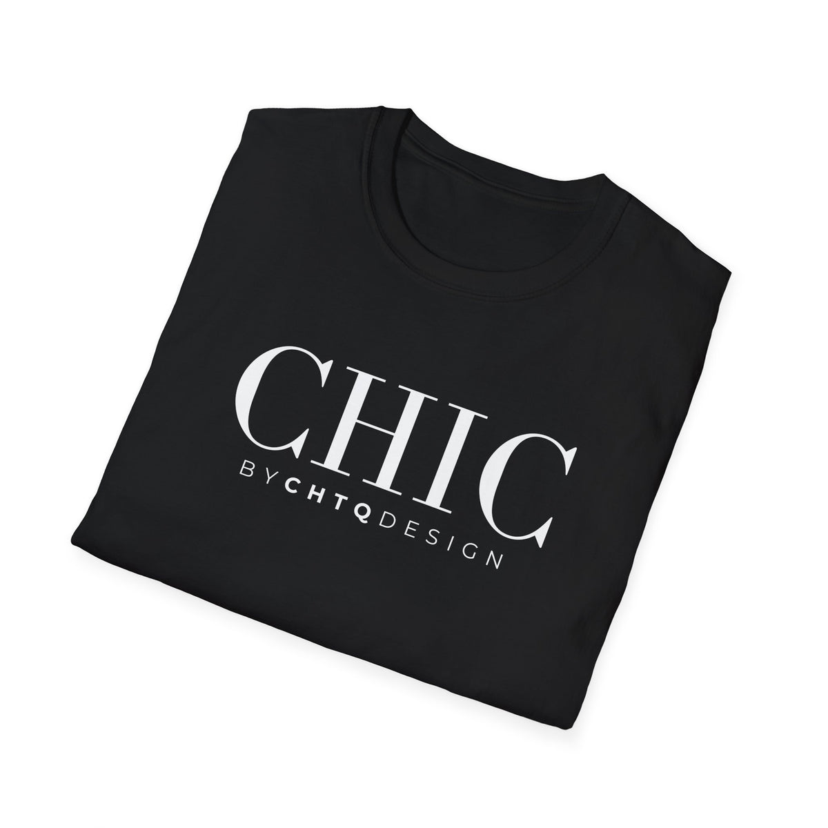 Folded CHIC by CHTQ Design Women’s Graphic T-Shirt in black with white typography visible on the front.