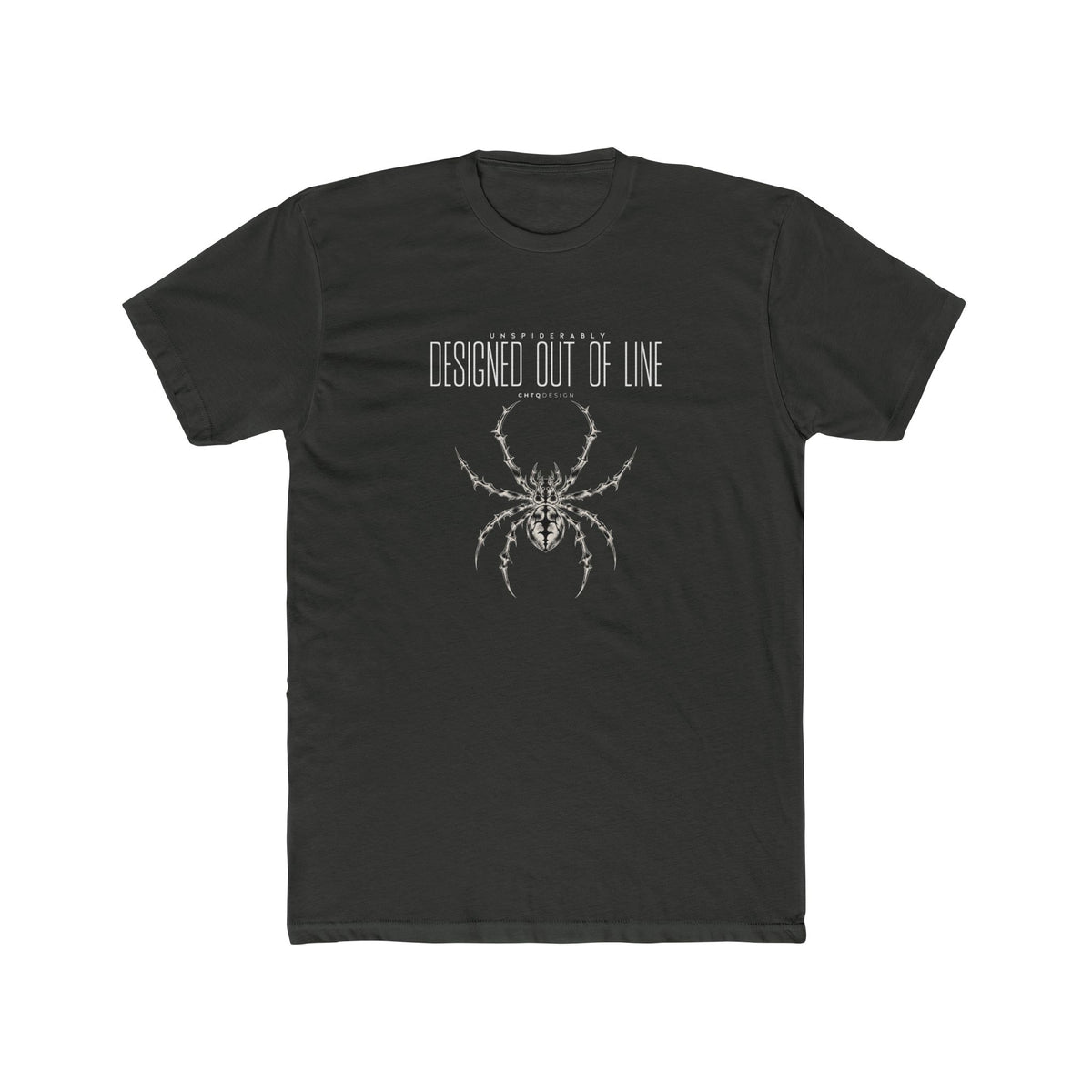 UNSPIDERABLY Designed Out of Line charcoal gray graphic T-shirt featuring intricate silver-gray spider artwork and white typography, front view