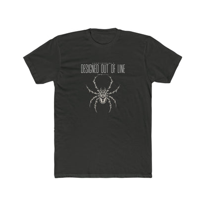 UNSPIDERABLY Designed Out of Line charcoal gray graphic T-shirt featuring intricate silver-gray spider artwork and white typography, front view