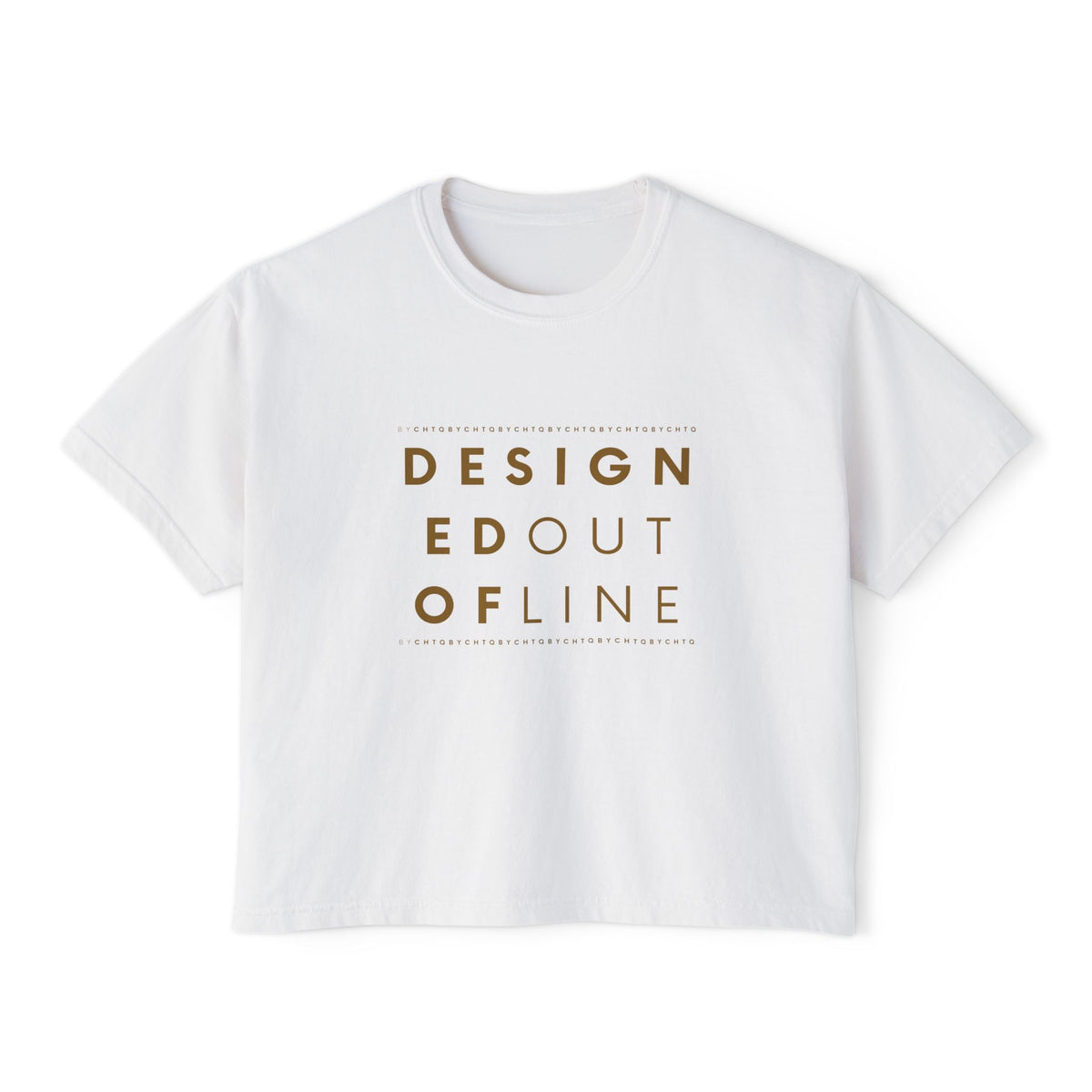 A white short-sleeve boxy T-shirt with a slightly cropped fit and a gold typography graphic on the front reading “DESIGNED OUT OF LINE.”