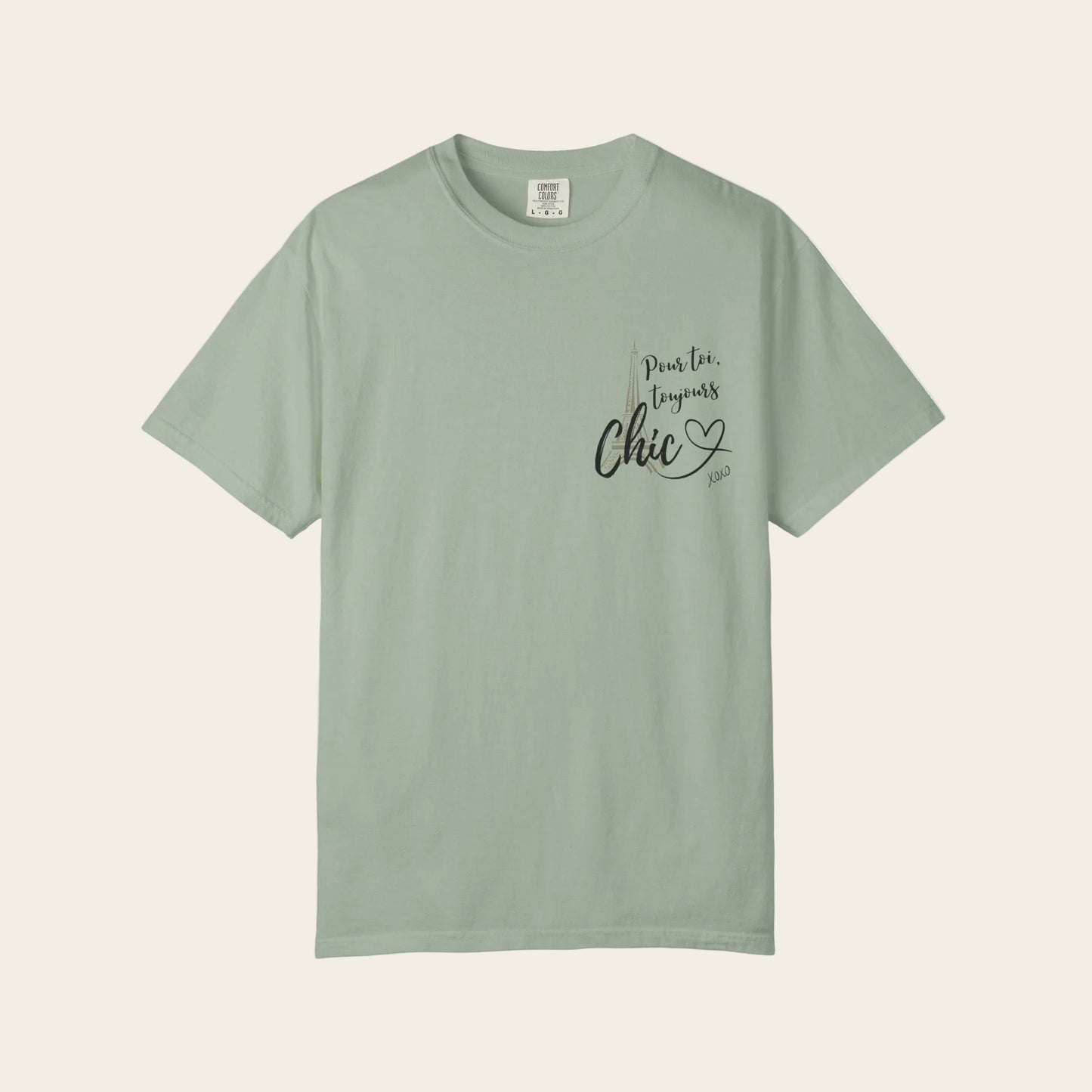 Green t-shirt with overland build status graphic on a white background