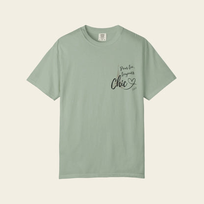 Green t-shirt with overland build status graphic on a white background