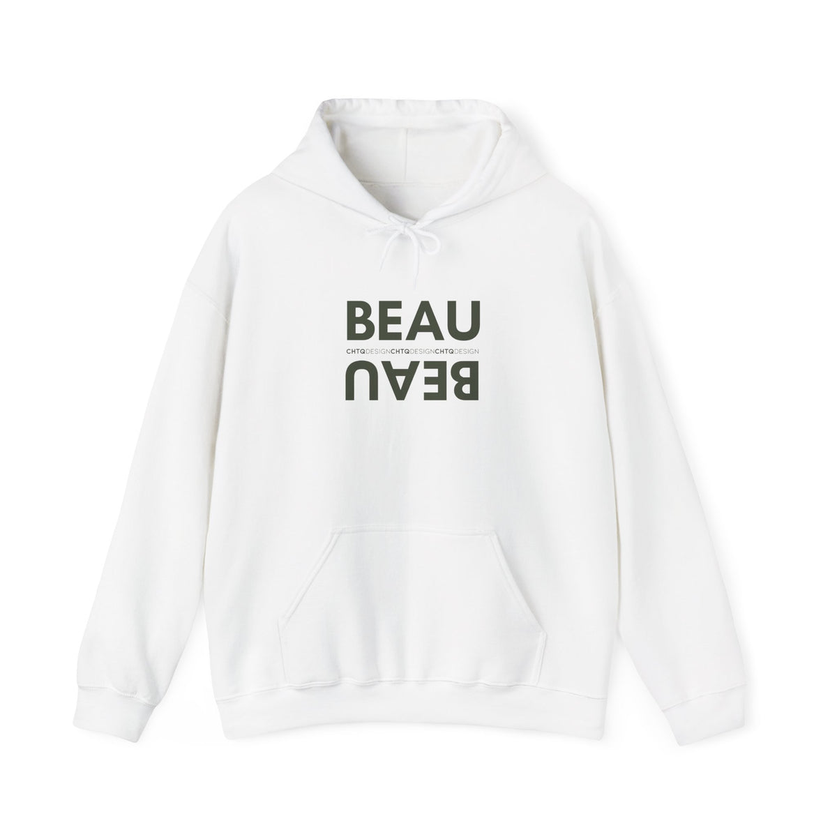 A white BEAU graphic hoodie with a mirrored dusty pink BEAU print and CHTQ Design detail on the chest, displayed against a white background.