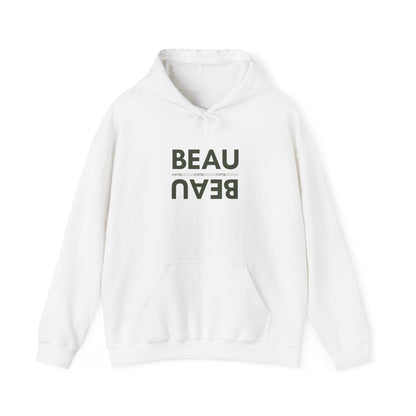A white BEAU graphic hoodie with a mirrored dusty pink BEAU print and CHTQ Design detail on the chest, displayed against a white background.