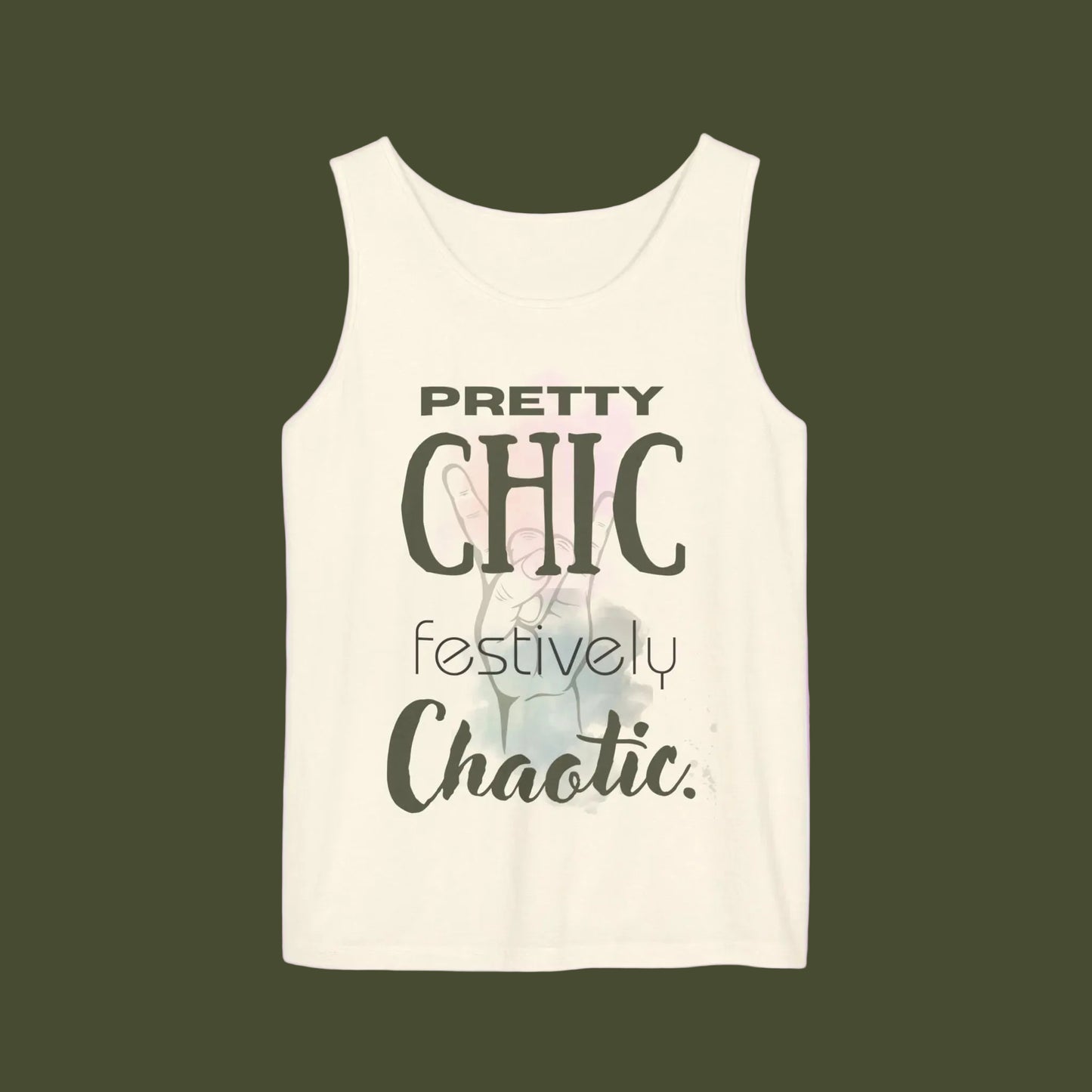 Beige tank top with text 'Pretty chic festively chaotic´