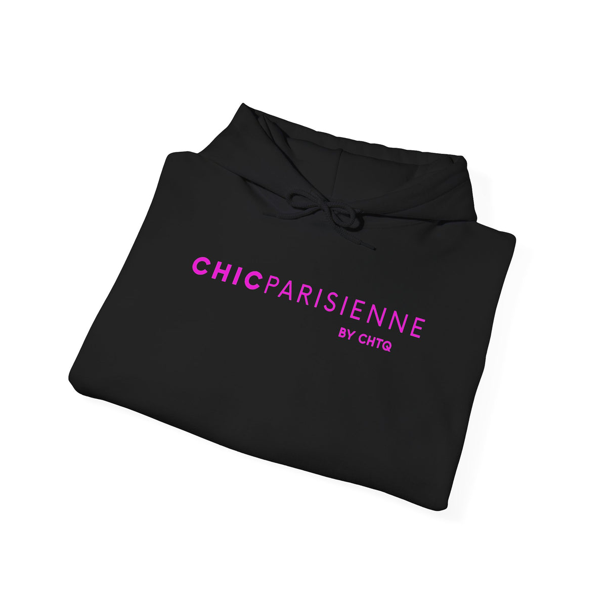 Folded black CHIC PARISIENNE BY CHTQ hoodie featuring a bright pink graphic print on the front.