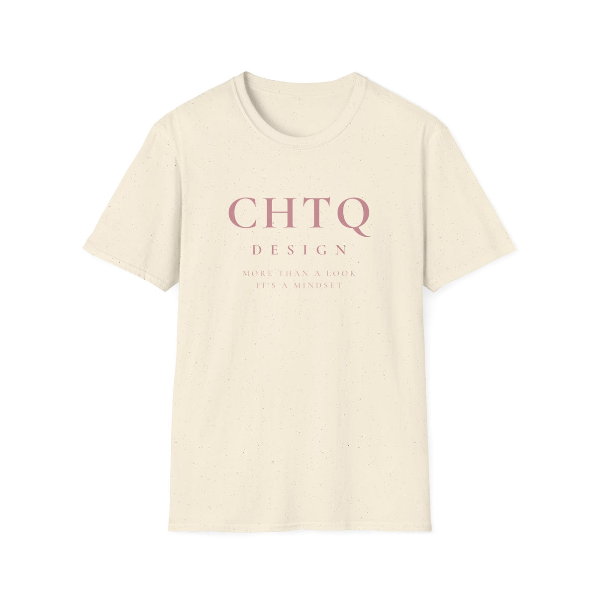A cream colored crewneck T-shirt with pink “CHTQ DESIGN” and “MORE THAN A SHIRT, IT’S A MOVEMENT” text on the front, paired with black pants against a plain white background.