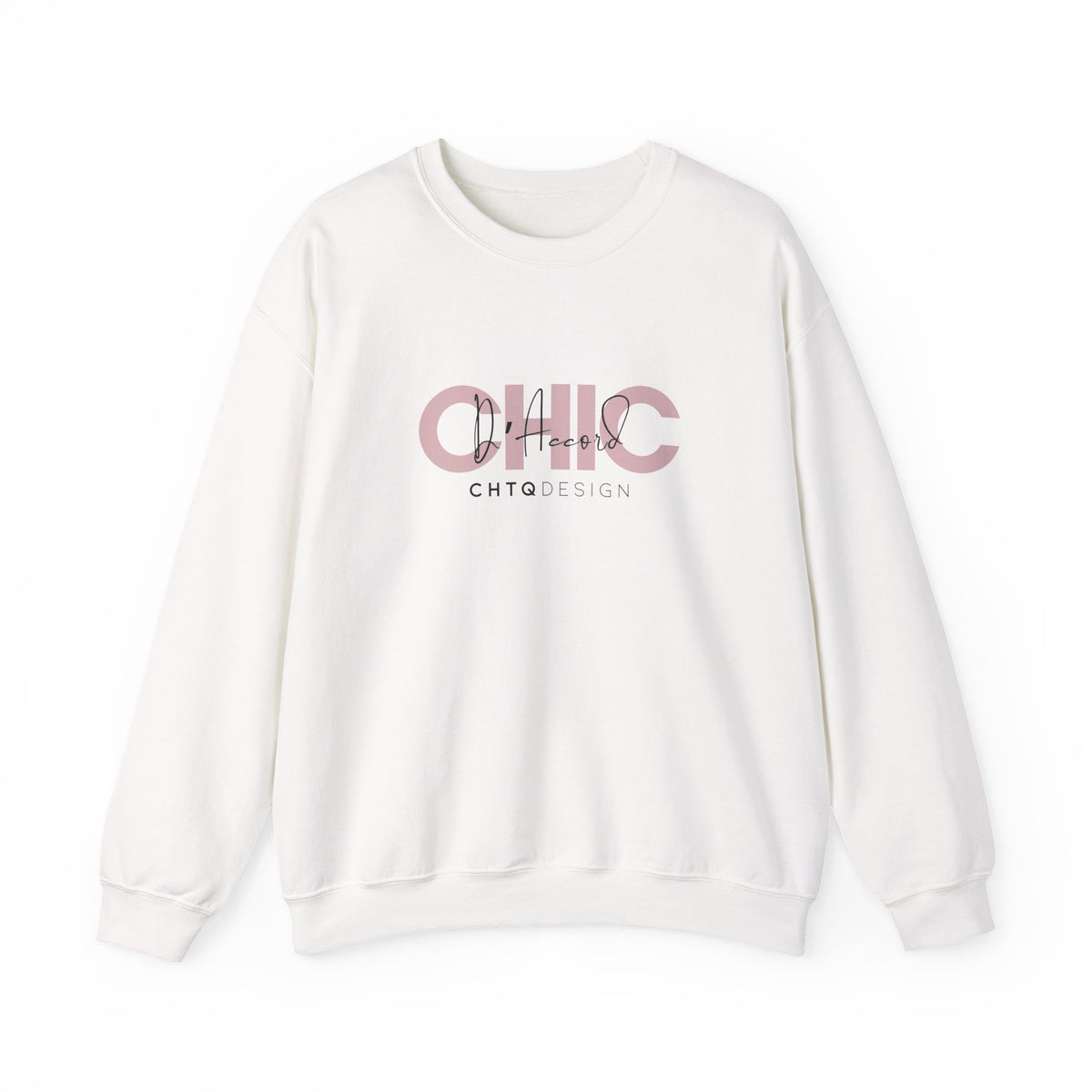 CHIC D’Accord CHTQ Design white crewneck sweatshirt with dusty rose graphic