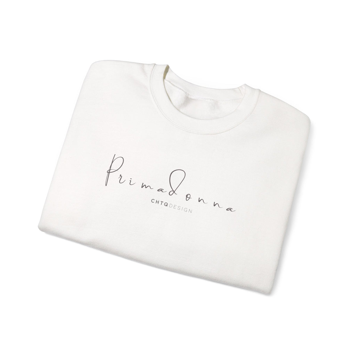 Folded PRIMADONNA by CHTQ Design white crewneck sweatshirt featuring elegant gray handwritten logo on the chest, front view on white background.