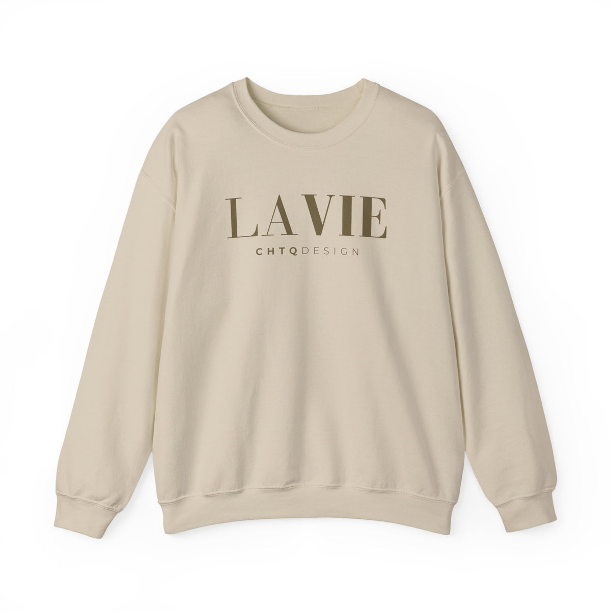 A beige crewneck sweatshirt featuring a gold “LA VIE” graphic with smaller “CHTQ DESIGN” text underneath, displayed against a clean white background.