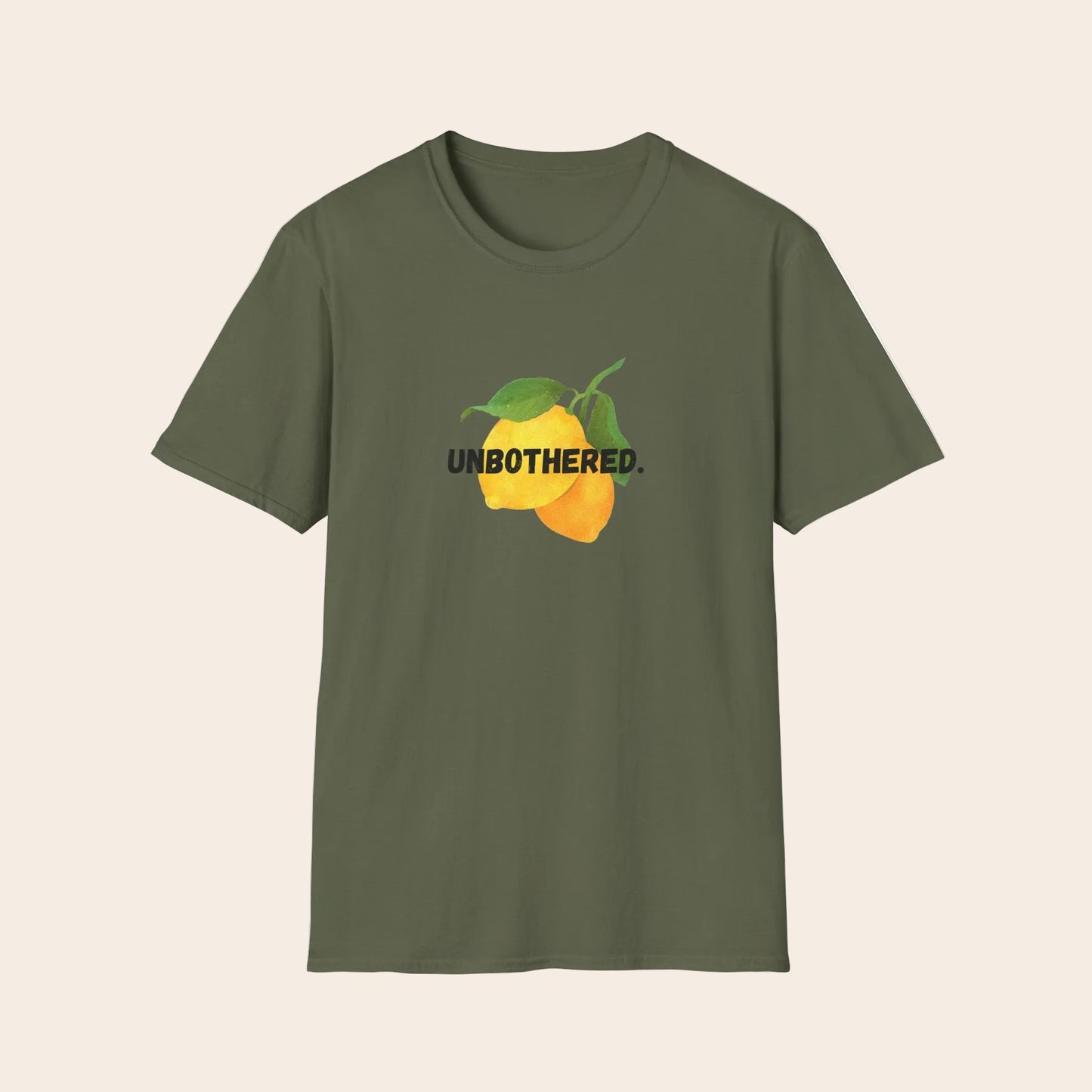 Green t-shirt with 'Unbothered' graphic design on a white background