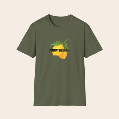Green t-shirt with 'Unbothered' graphic design on a white background