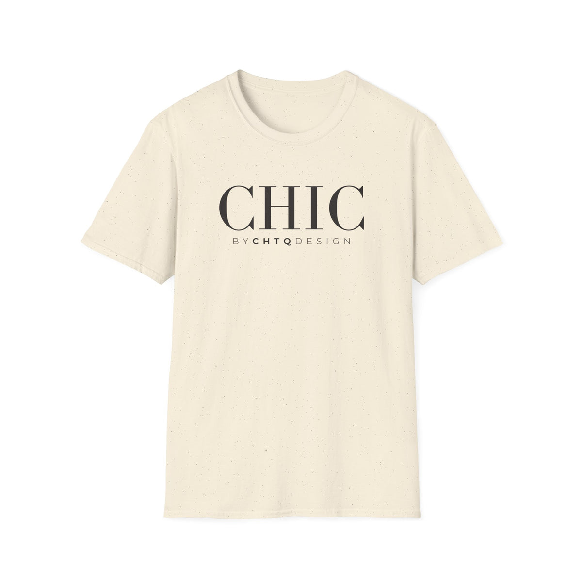 CHIC by CHTQ Design Women’s Graphic T-Shirt in light beige with black typography on the front.
