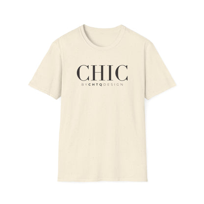 CHIC by CHTQ Design Women’s Graphic T-Shirt in light beige with black typography on the front.