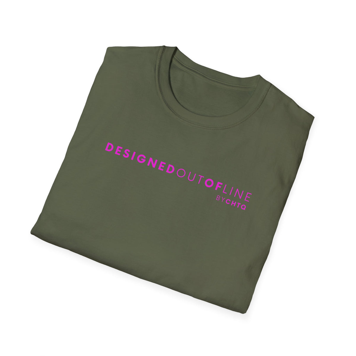 A green short-sleeve crewneck T-shirt with “DESIGNED OUT OF LINE” and “BY CHTQ” printed in pink across the chest, displayed on a clean white background.