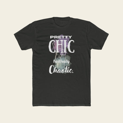 A black short-sleeve crewneck t-shirt with a graphic print on the front. The graphic features the text 'PRETTY CHIC festively Chaotic.