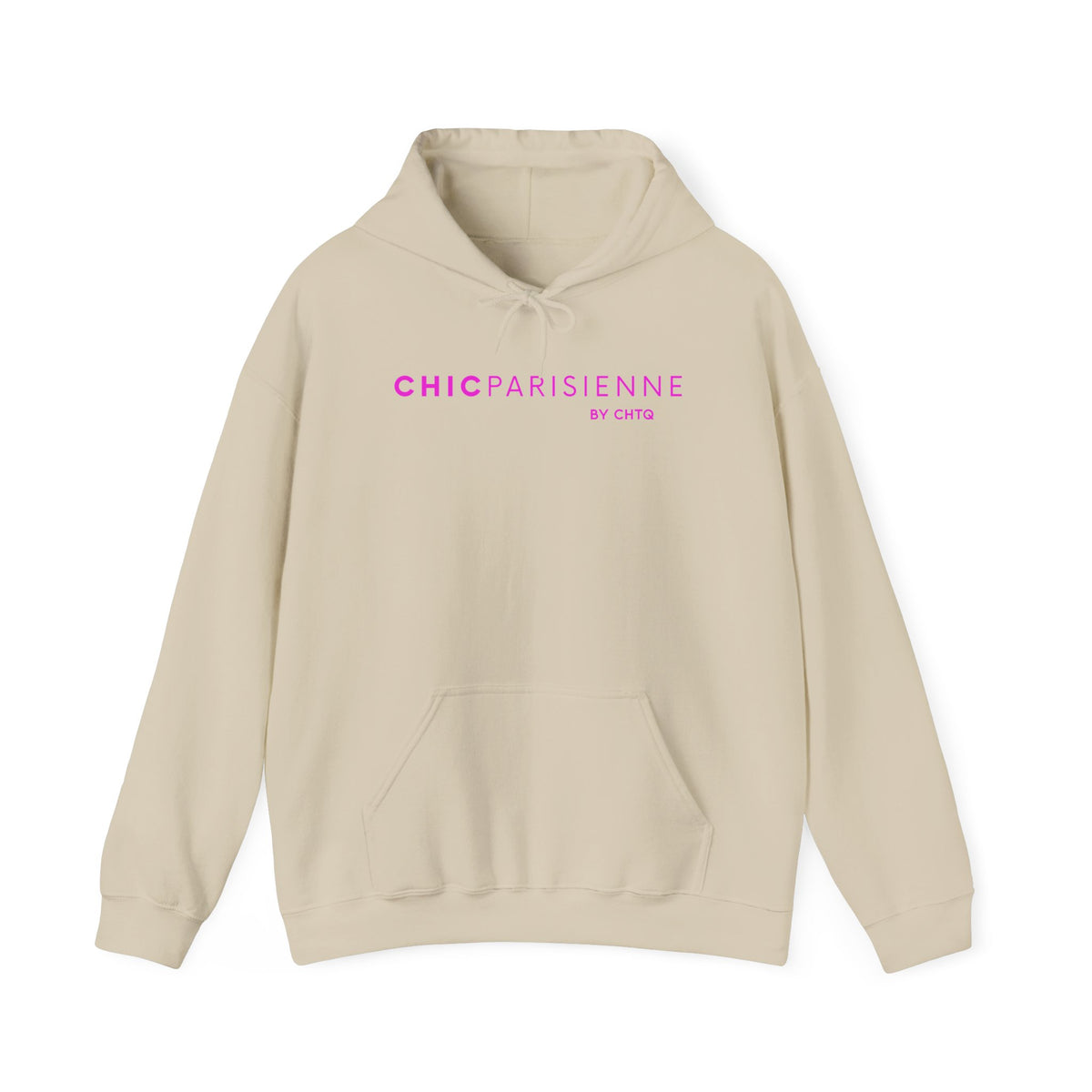 A beige pullover hoodie featuring pink “CHIC PARISIENNE BY CHTQ” text printed across the chest, displayed against a clean white background.