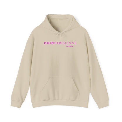 A beige pullover hoodie featuring pink “CHIC PARISIENNE BY CHTQ” text printed across the chest, displayed against a clean white background.