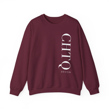 A maroon crewneck sweatshirt with a vertical white CHTQ DESIGN graphic on the front, displayed against a clean white background.