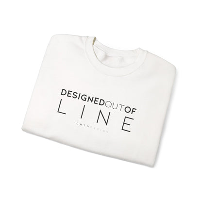 Folded White Designed Out of Line crewneck sweatshirt by CHTQ Design with black typography graphic.