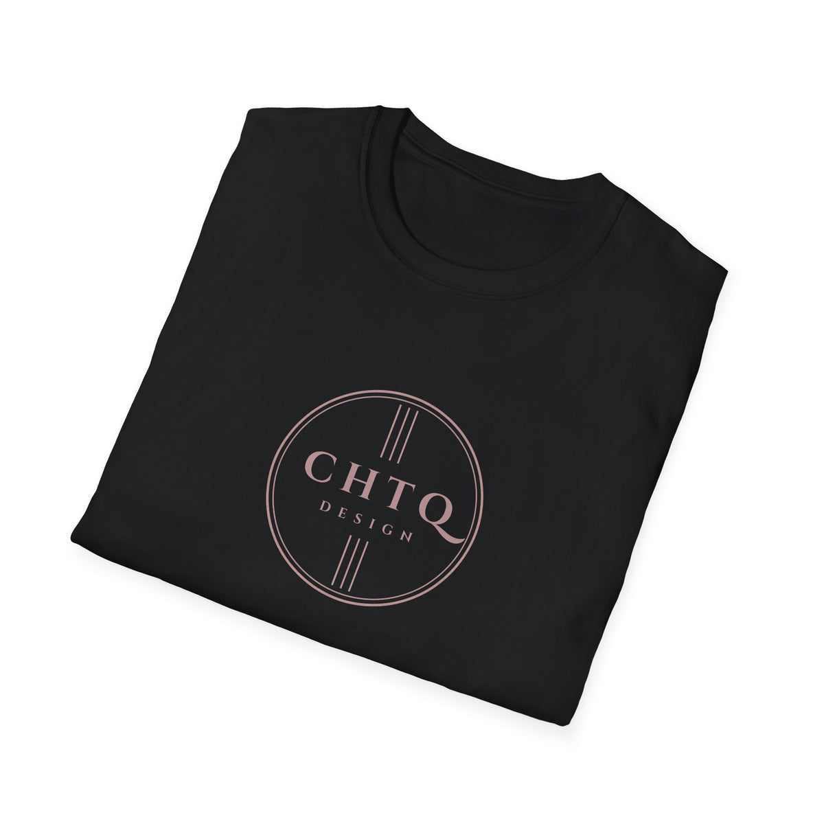 Folded black men’s graphic T-shirt featuring a rose gold CHTQ Design circle logo on the front, displayed against a white background.