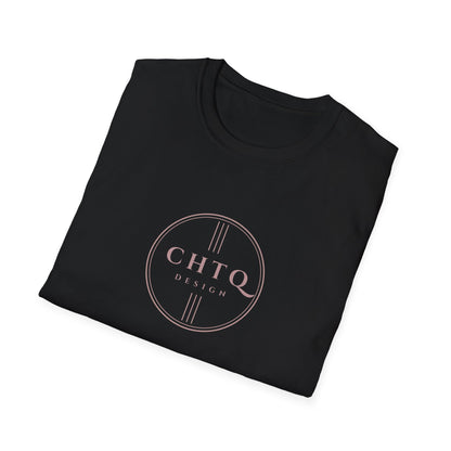 Folded black men’s graphic T-shirt featuring a rose gold CHTQ Design circle logo on the front, displayed against a white background.