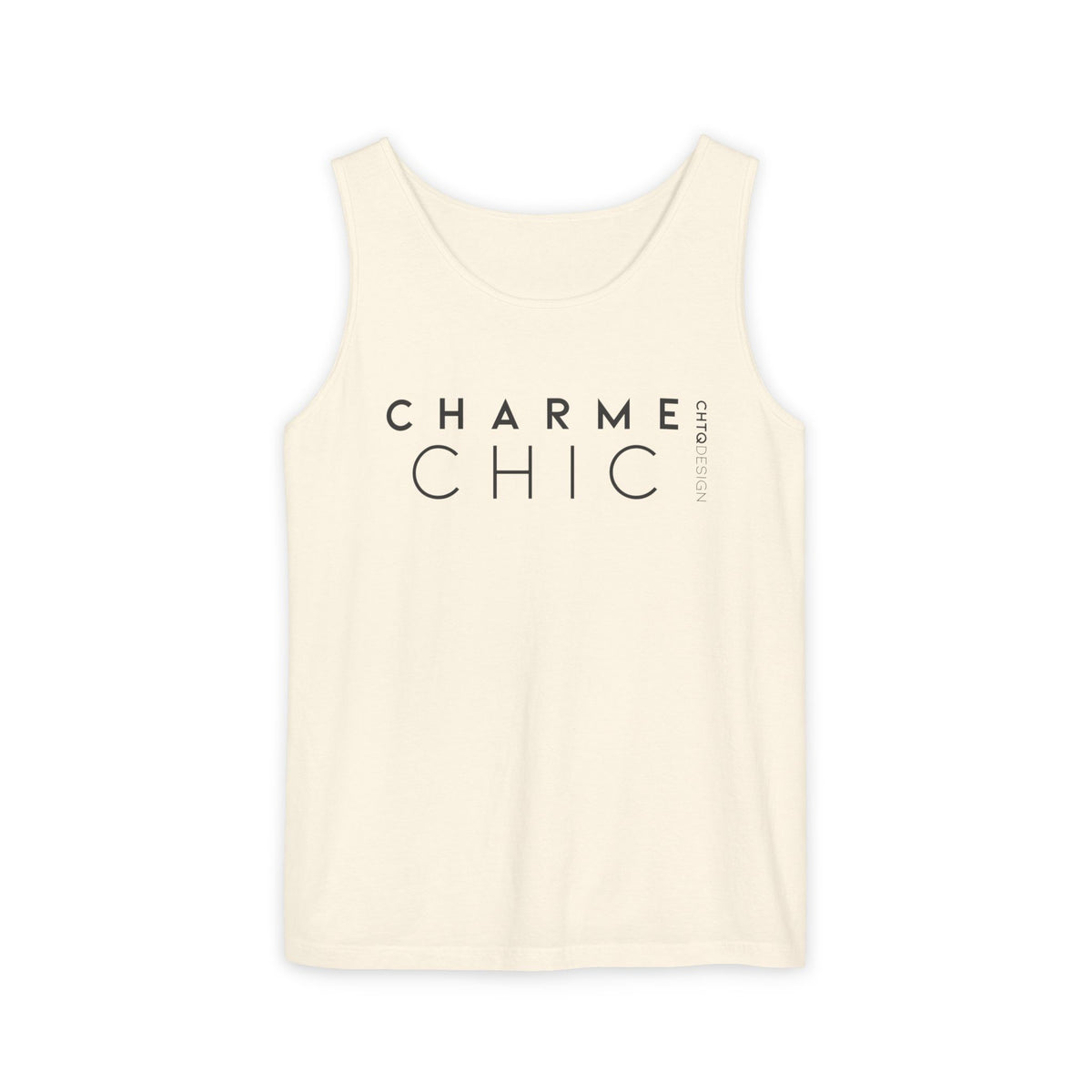 CHARME CHIC garment-dyed tank top in ivory with black CHTQ Design typography