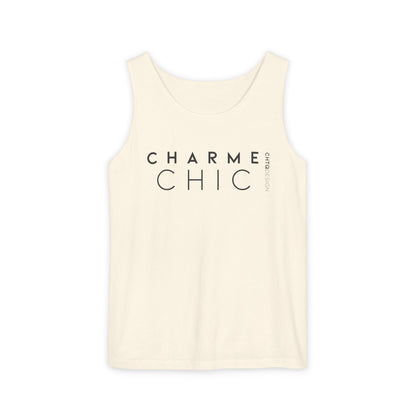 CHARME CHIC garment-dyed tank top in ivory with black CHTQ Design typography