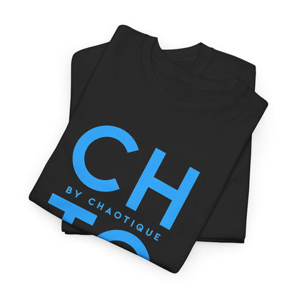 Folded black CHTQ BY CHAOTIQUE graphic T-shirt featuring a blue typographic front print, displayed against a clean white background.