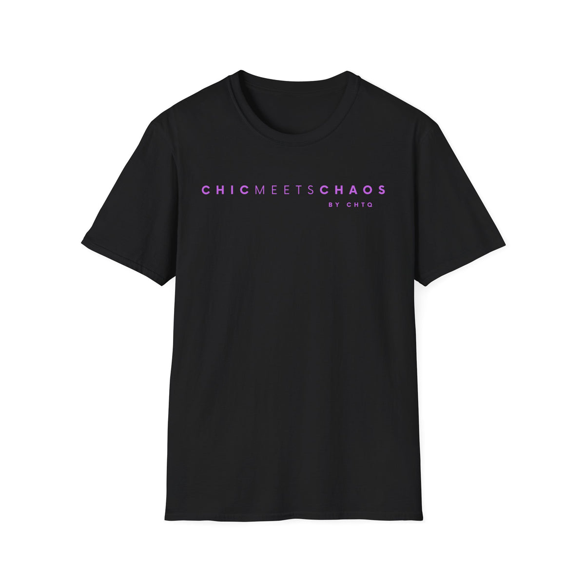 Black CHICMEETSCHAOS graphic T-shirt with purple typography and BY CHTQ detail on the chest.