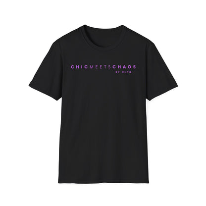Black CHICMEETSCHAOS graphic T-shirt with purple typography and BY CHTQ detail on the chest.
