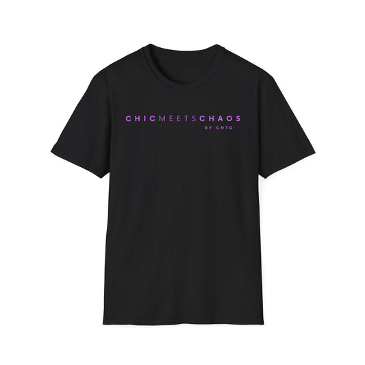 Black CHICMEETSCHAOS graphic T-shirt with purple typography and BY CHTQ detail on the chest.