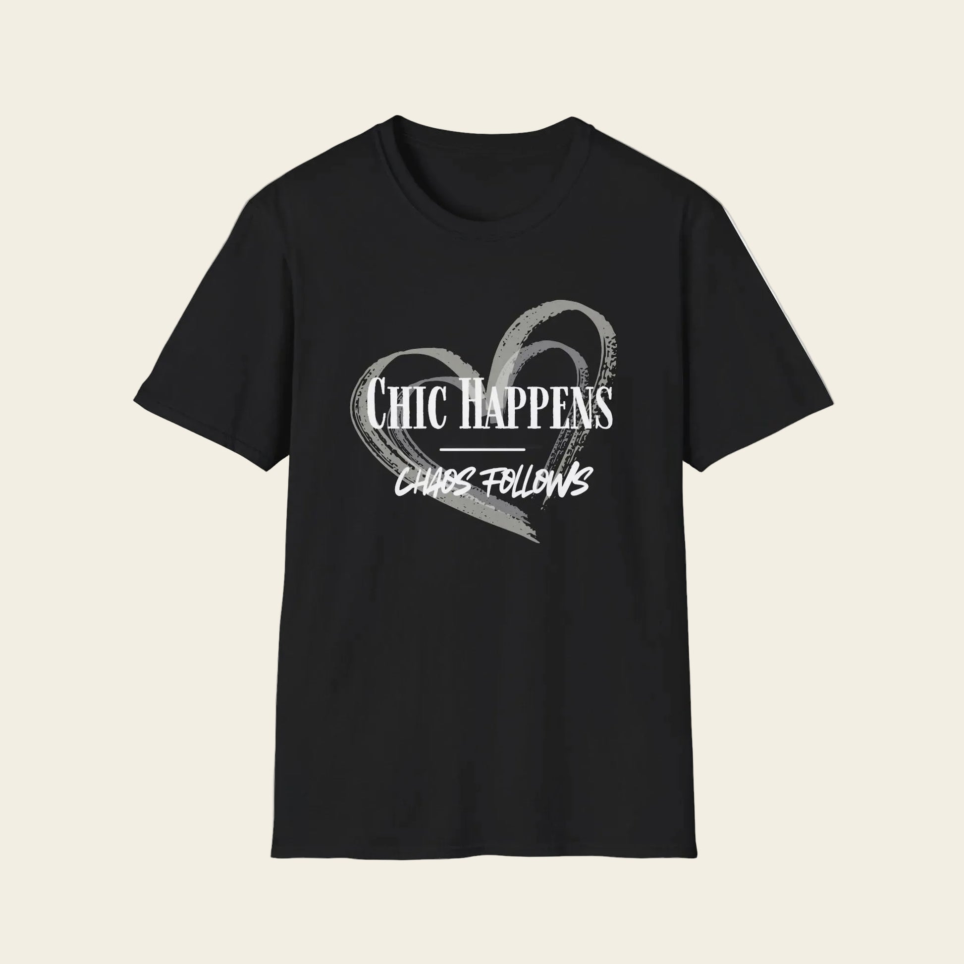 Brown t-shirt with 'Chic Happens chaos Follows' text on background