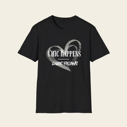 Brown t-shirt with 'Chic Happens chaos Follows' text on background
