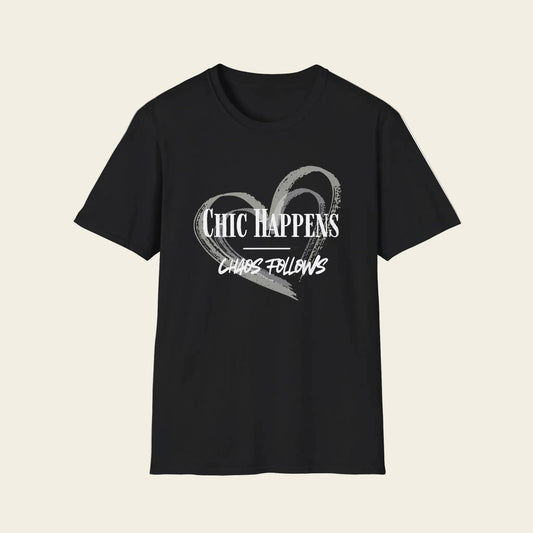 Brown t-shirt with 'Chic Happens chaos Follows' text on background
