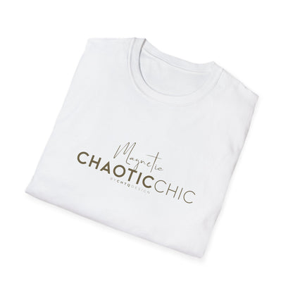 Folded white short-sleeve graphic T-shirt with 'Magnetic Chaotic Chic' printed in green across the chest, displayed against a plain white background.