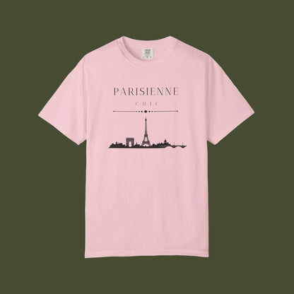 A light pink short-sleeve crewneck t-shirt featuring a black graphic print of the Paris skyline with the text 'PARISIENNE CHIC' above it, displayed on a clean white background.