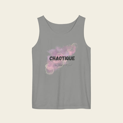Gray tank top with 'CHAOTIQUE' text and abstract designs on a white background
