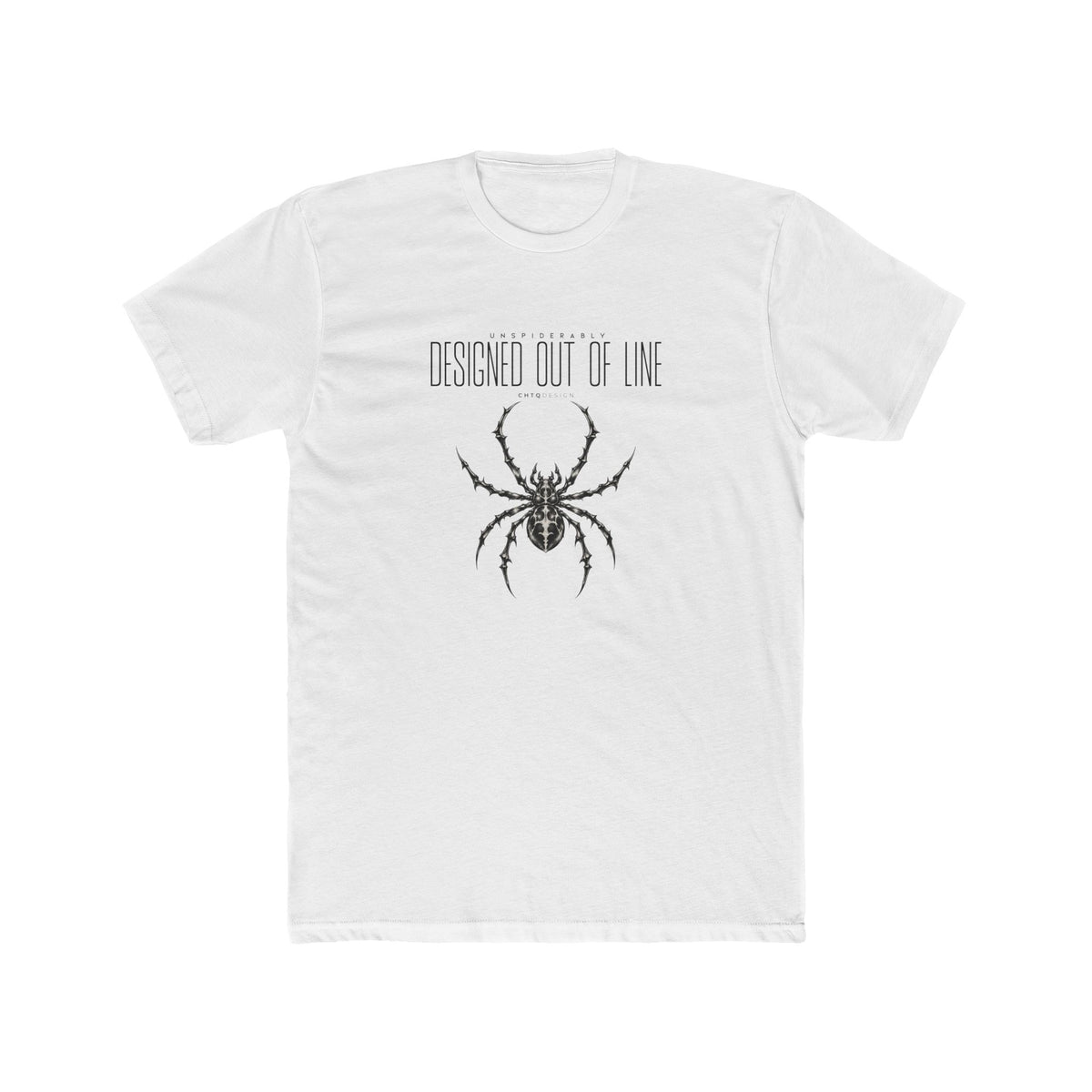 UNSPIDERABLY Designed Out of Line white graphic T-shirt featuring black spider artwork and minimalist typography by CHTQ Design, front view