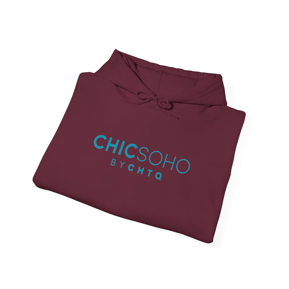Maroon pullover hoodie with a turquoise CHICSOHO BY CHTQ logo printed on the chest, displayed on a clean white background.