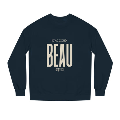 Navy blue D’Accord BEAU men's crewneck sweatshirt with dark navy typography and CHTQ Design logo on the front.