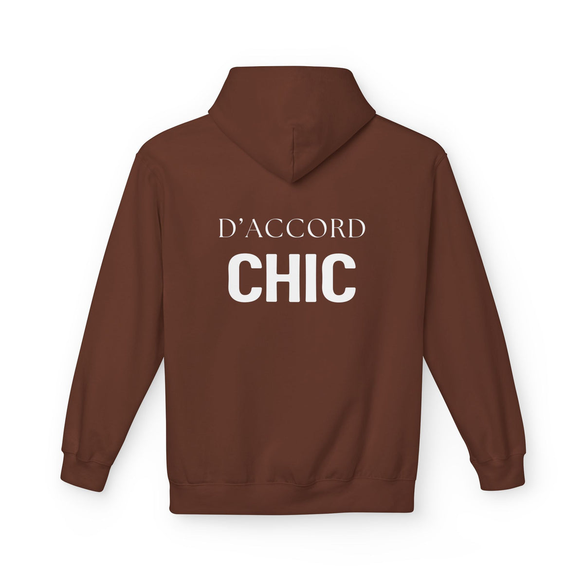 A brown pullover hoodie shown from the back, featuring the words 'D'ACCORD CHIC' printed in white across the upper back.