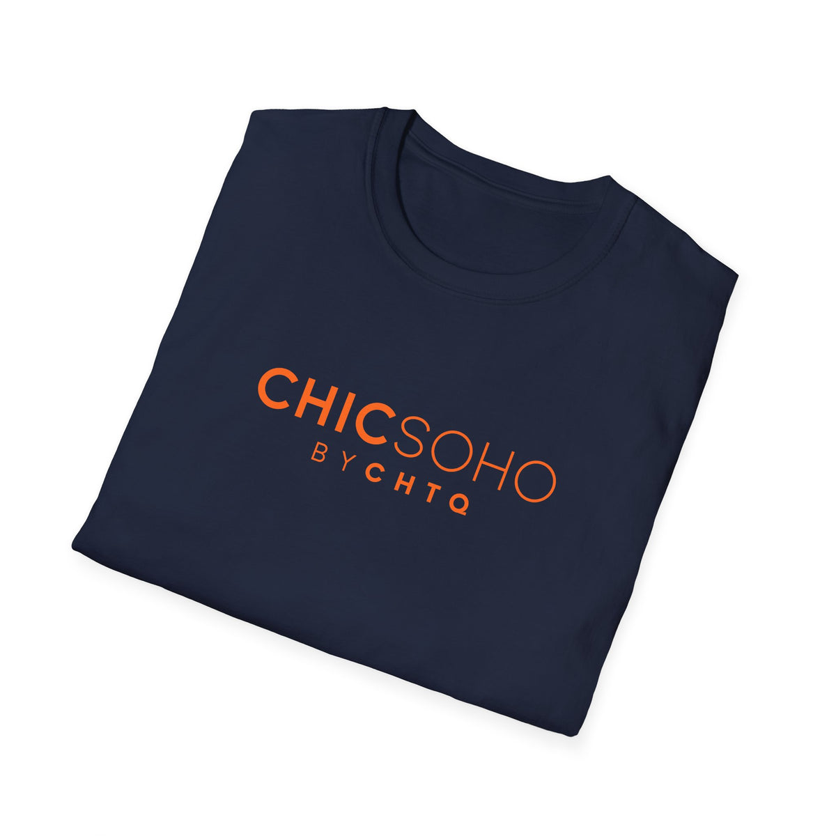 Navy blue CHICSOHO graphic T-shirt with orange BY CHTQ logo print, short sleeves and crew neckline, displayed on a clean white background.