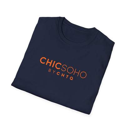 Navy blue CHICSOHO graphic T-shirt with orange BY CHTQ logo print, short sleeves and crew neckline, displayed on a clean white background.