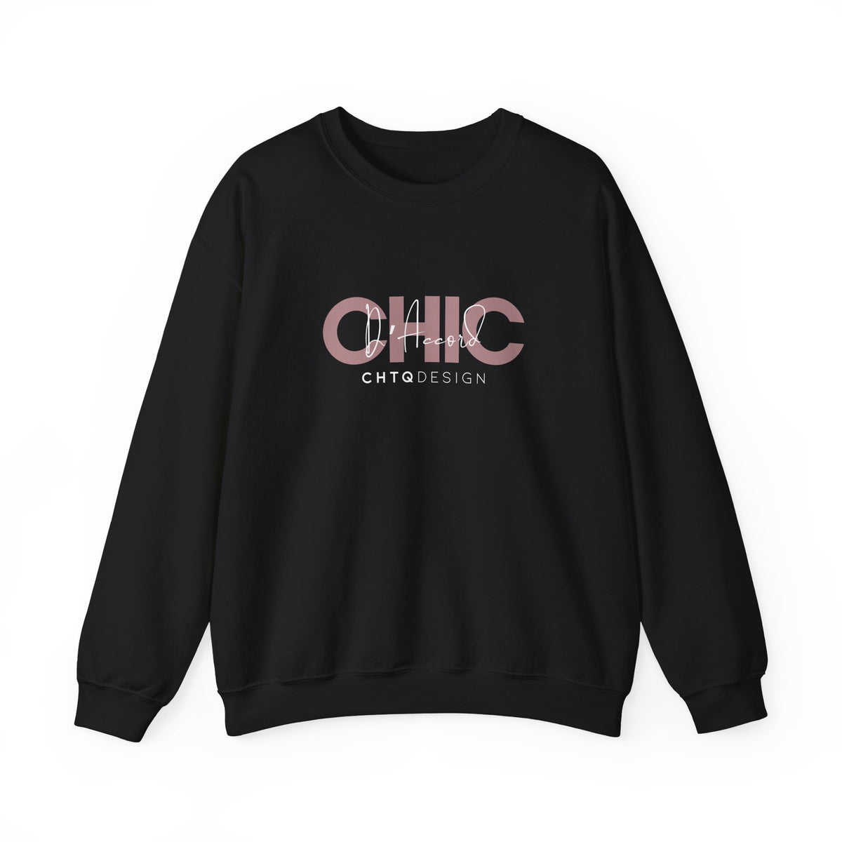CHIC D’Accord CHTQ Design black crewneck sweatshirt with dusty rose graphic