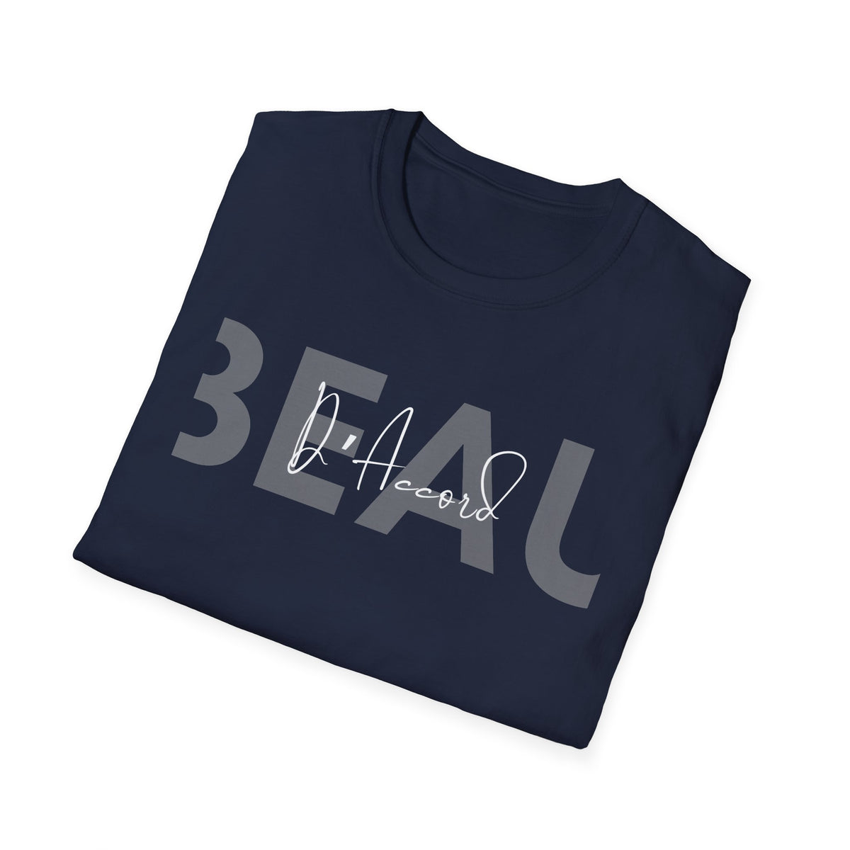 Folded Navy blue BEAU D’Accord graphic T-shirt featuring large grey BEAU lettering with white handwritten D’Accord script across the chest.