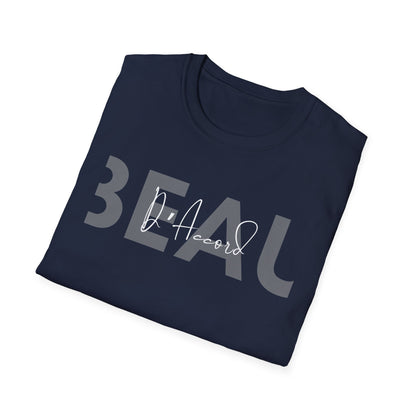 Folded Navy blue BEAU D’Accord graphic T-shirt featuring large grey BEAU lettering with white handwritten D’Accord script across the chest.