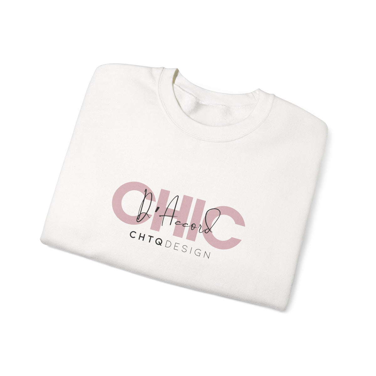 Folded CHIC D’Accord CHTQ Design white crewneck sweatshirt with dusty rose graphic