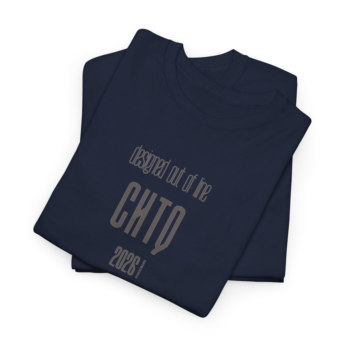 Folded Navy Designed Out of Line CHTQ Graphic T-Shirt featuring minimalist gray CHTQ typography, “designed out of line” text, and 2026 detailing on the front.